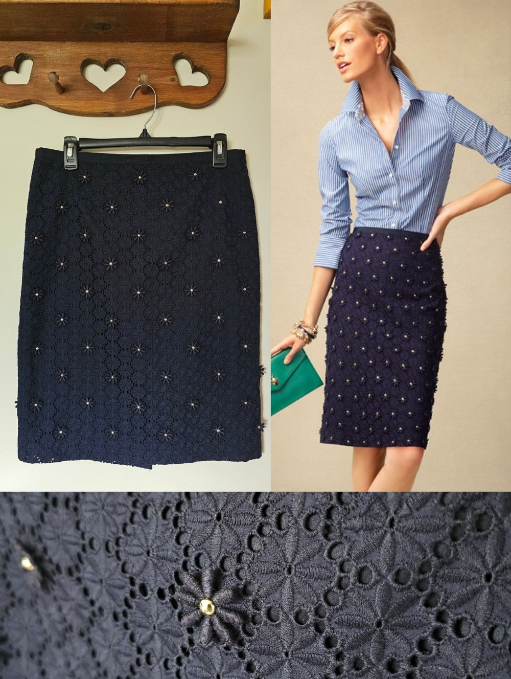 Talbots Navy 3D Flower Eyelet Pencil Skirt